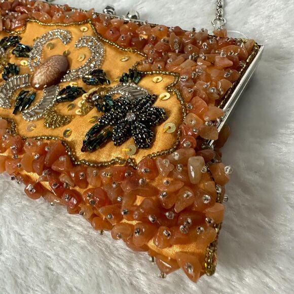 Heavy Beaded Stones Handbag Clutch Purse Unbranded Yellow Orange Party - Picture 4 of 9